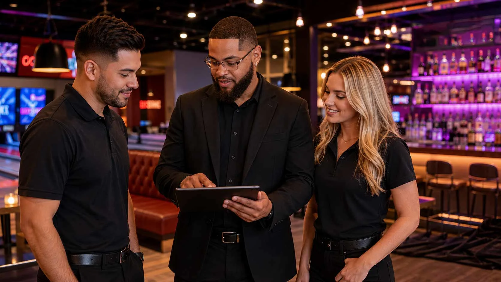 Center manager reviewing information on a tablet with two team members in a modern Lucky Strike entertainment venue, with bowling lanes, lounge seating, and a stylish illuminated bar in the background.