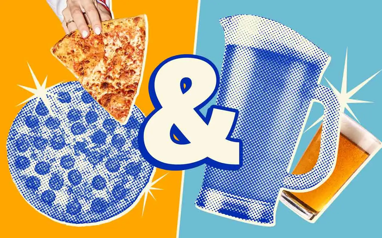 Pizza and beer pitcher graphic promoting food and drink specials at AMF Bowling, featuring classic bowling alley favorites for groups and parties.