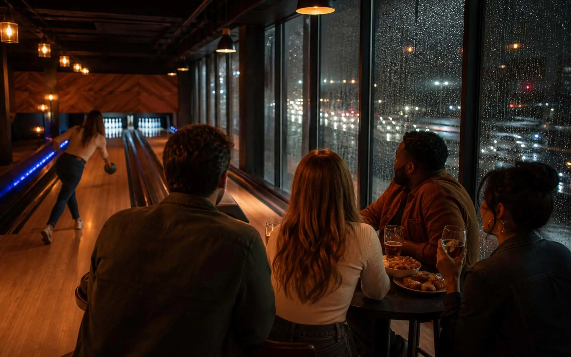 Upscale bowling alley nightlife scene with friends at high-top table watching woman bowl, rain on windows, city lights, drinks and warm lighting