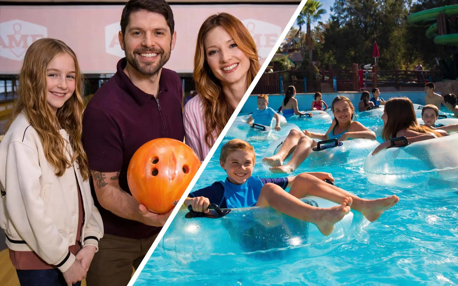 Family at an AMF bowling center paired with kids floating on inner tubes at a sunny water park, separated by a white diagonal split.