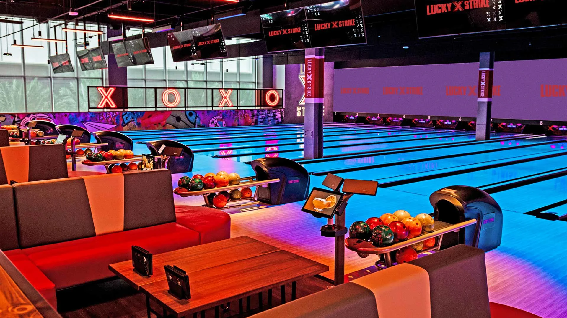 Beautiful bowling center with lots of black light lanes