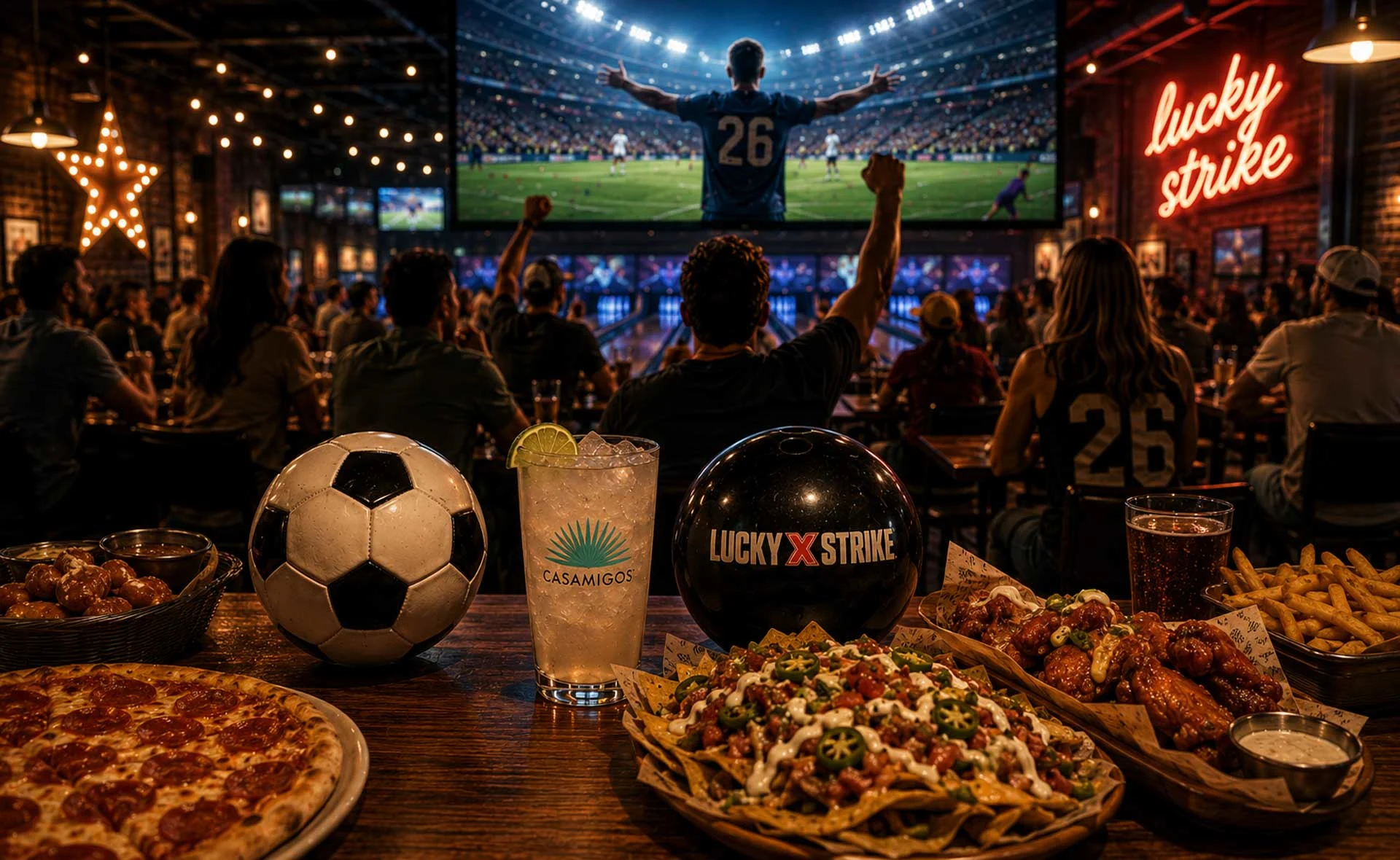 Crowd watching a live soccer match inside Lucky Strike Entertainment with bowling lanes, pizza, wings, nachos, cocktails, and sports bar atmosphere.