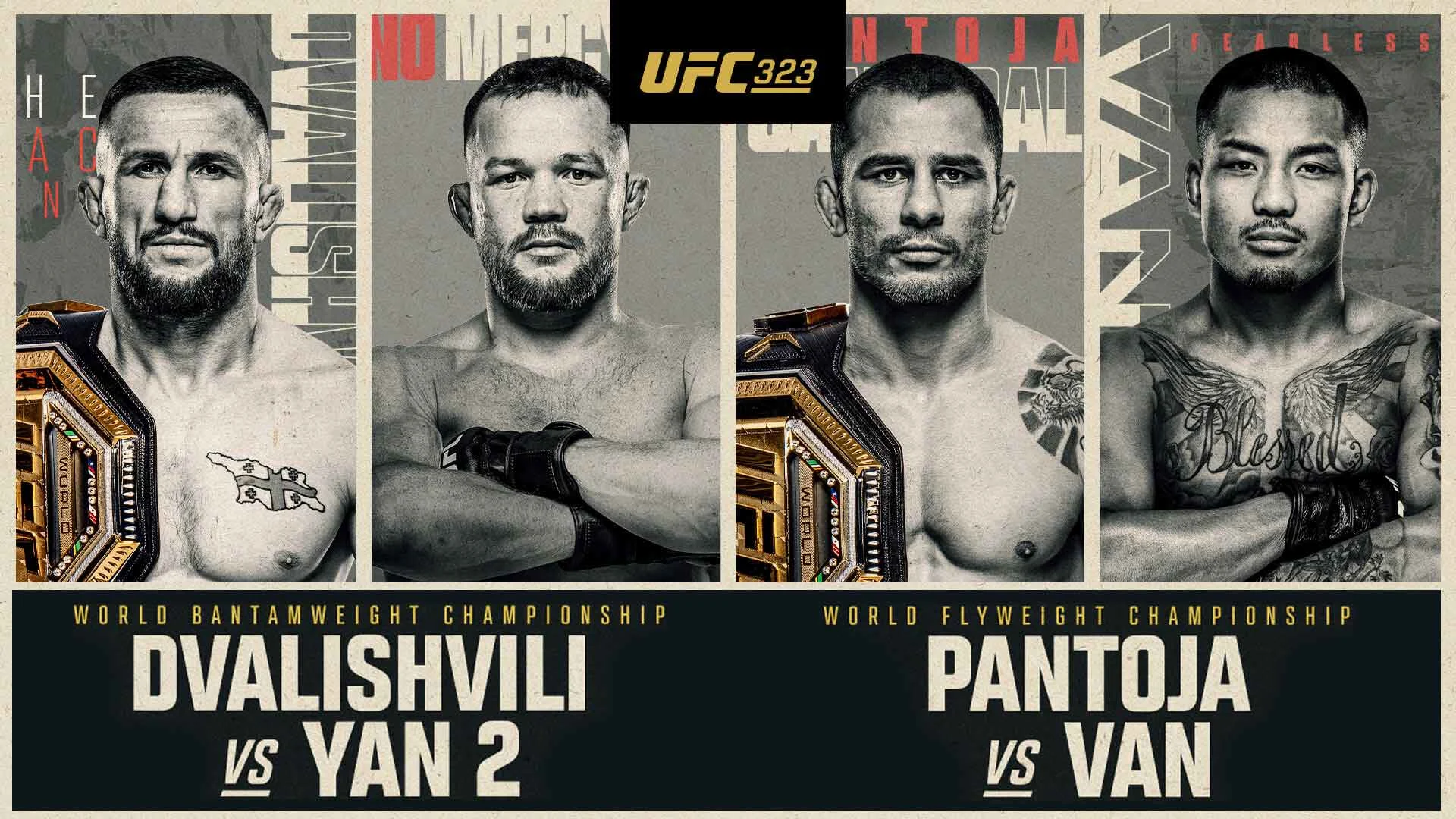 UFC 323 poster with Dvalishvili vs Yan 2 and Pantoja vs Van title bout matchups.
