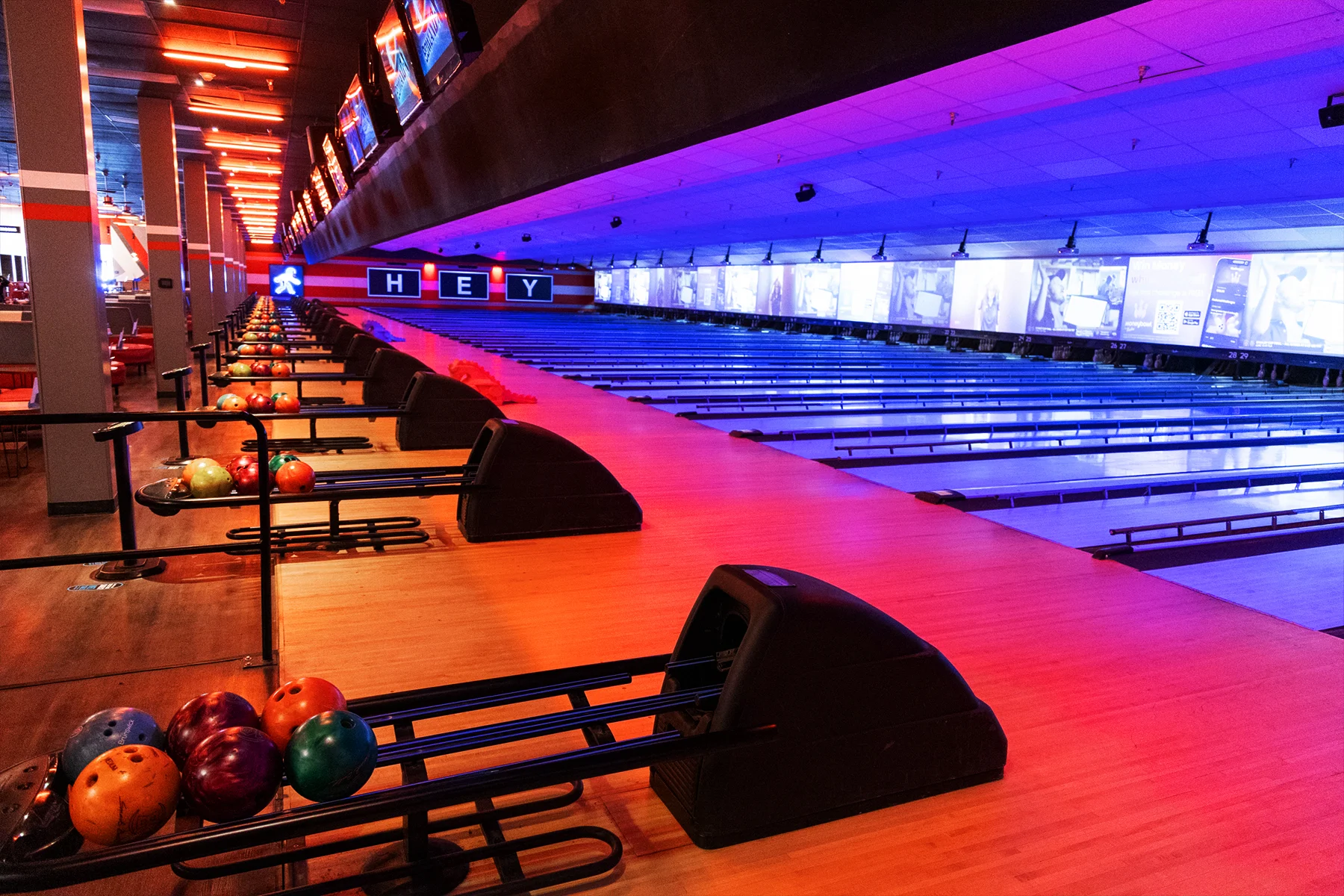 Beautiful bowling center with lots of black light lanes