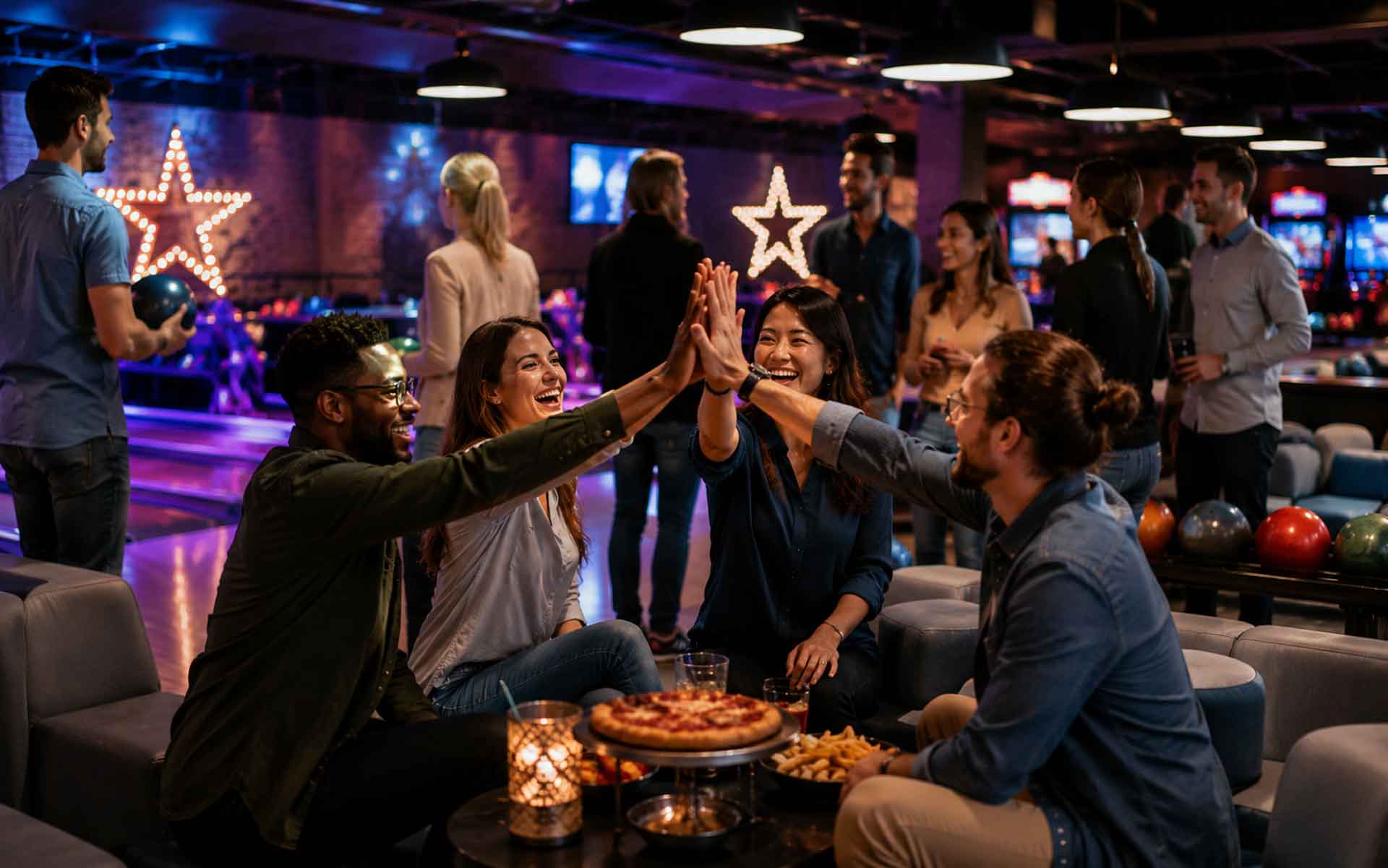 Corporate team building event at a modern upscale bowling venue with coworkers socializing, bowling, sharing food and drinks, and celebrating together under stylish neon lounge lighting.