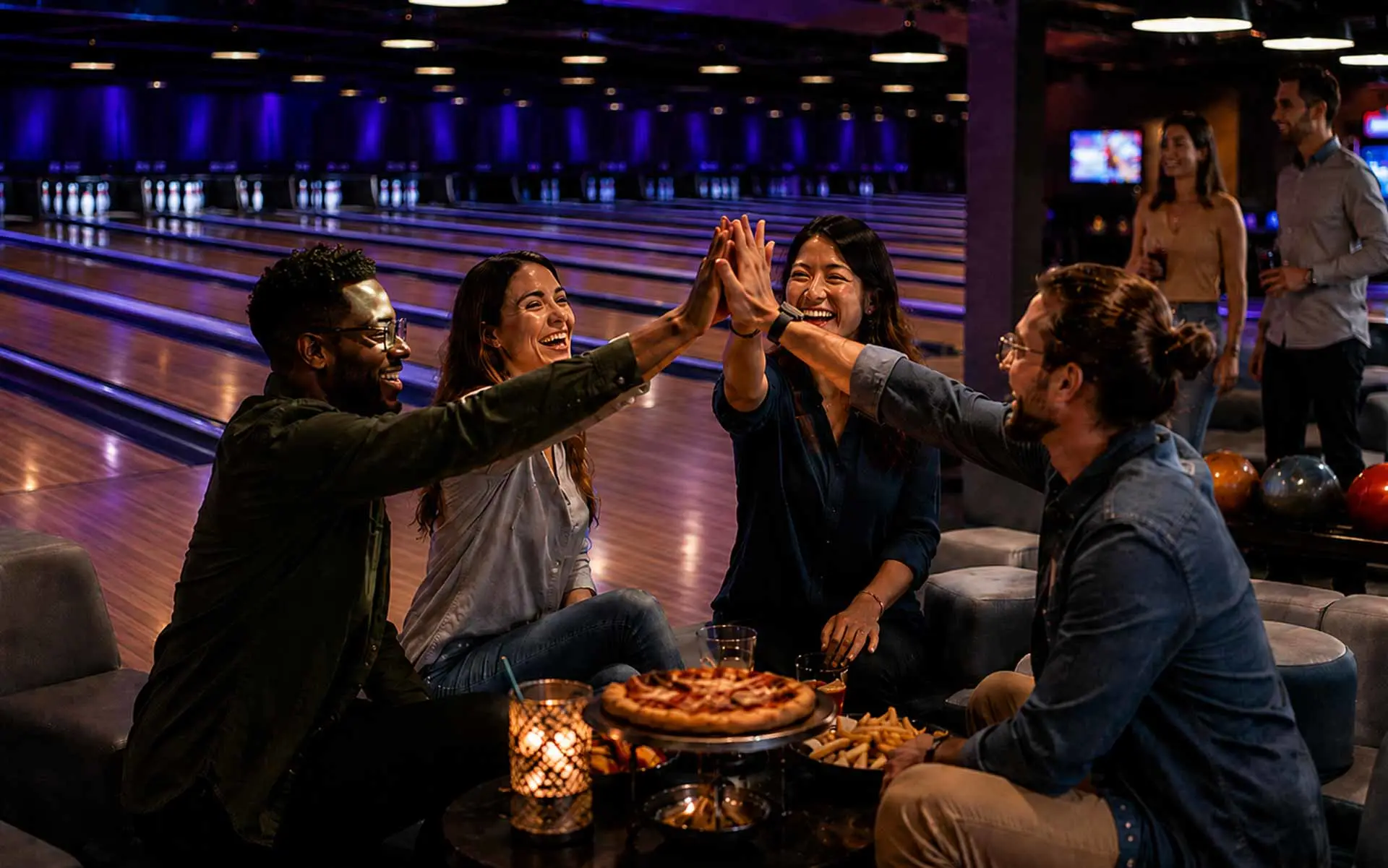 Corporate team building event at a modern upscale bowling venue with coworkers socializing, bowling, sharing food and drinks, and celebrating together under stylish neon lounge lighting.