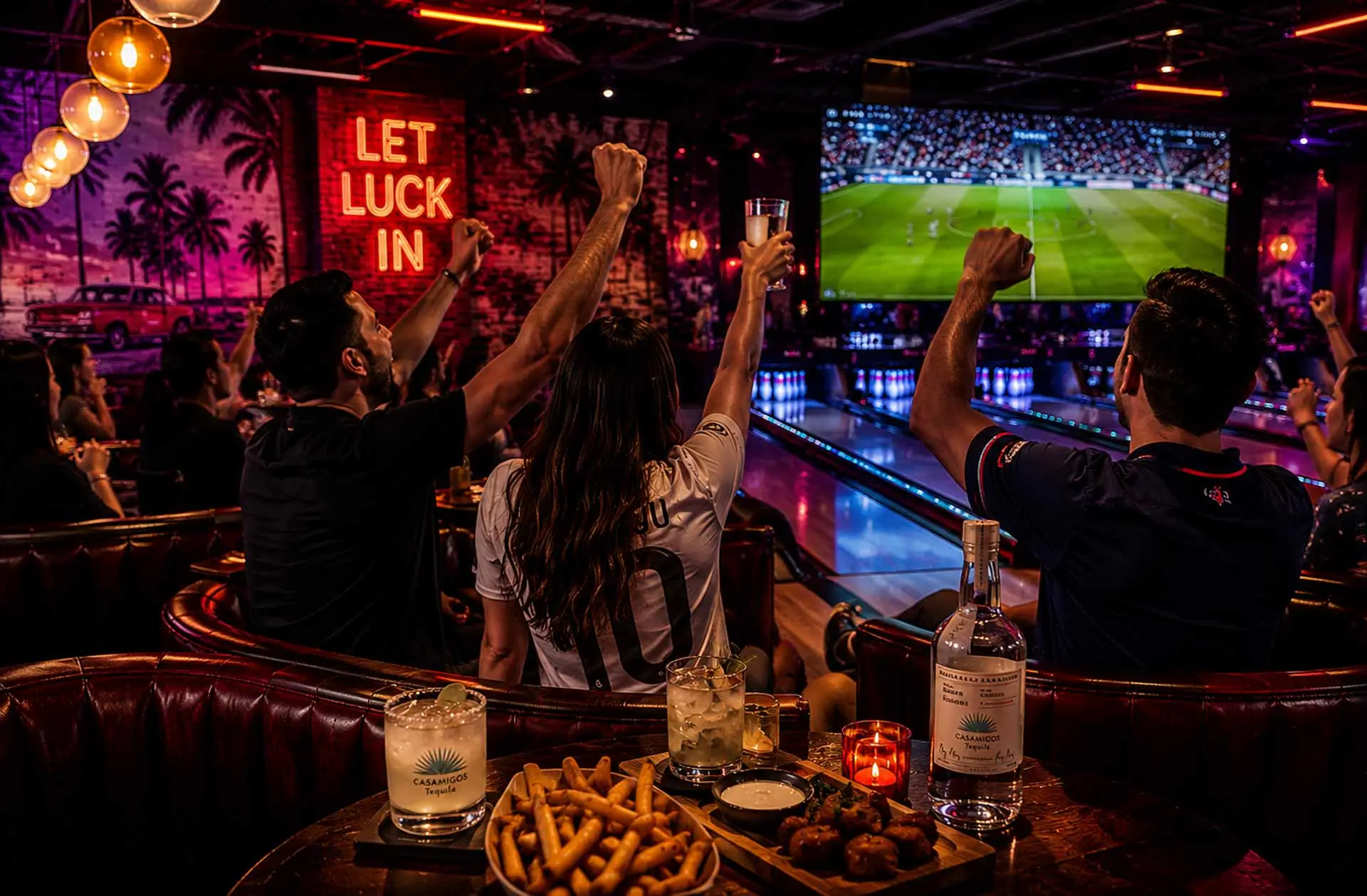 Fans watch a live soccer match inside a neon-lit bowling lounge with cocktails, food, glowing lanes, and an energetic sports bar atmosphere.