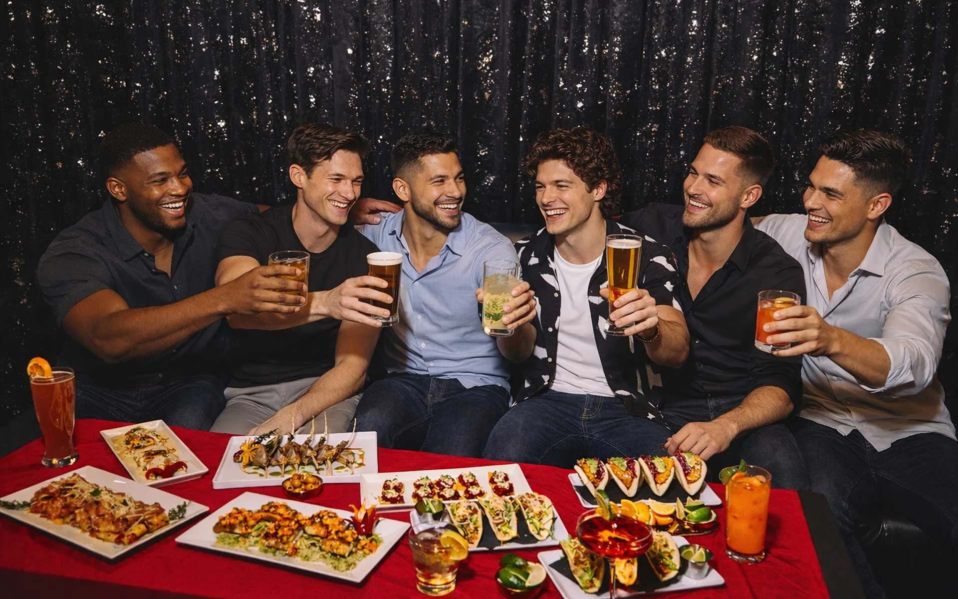 Six men sit together at a red table during a lively bachelor party, laughing and holding drinks while surrounded by a variety of dishes like tacos, skewers, sushi, and pasta, with a black sequined curtain backdrop.