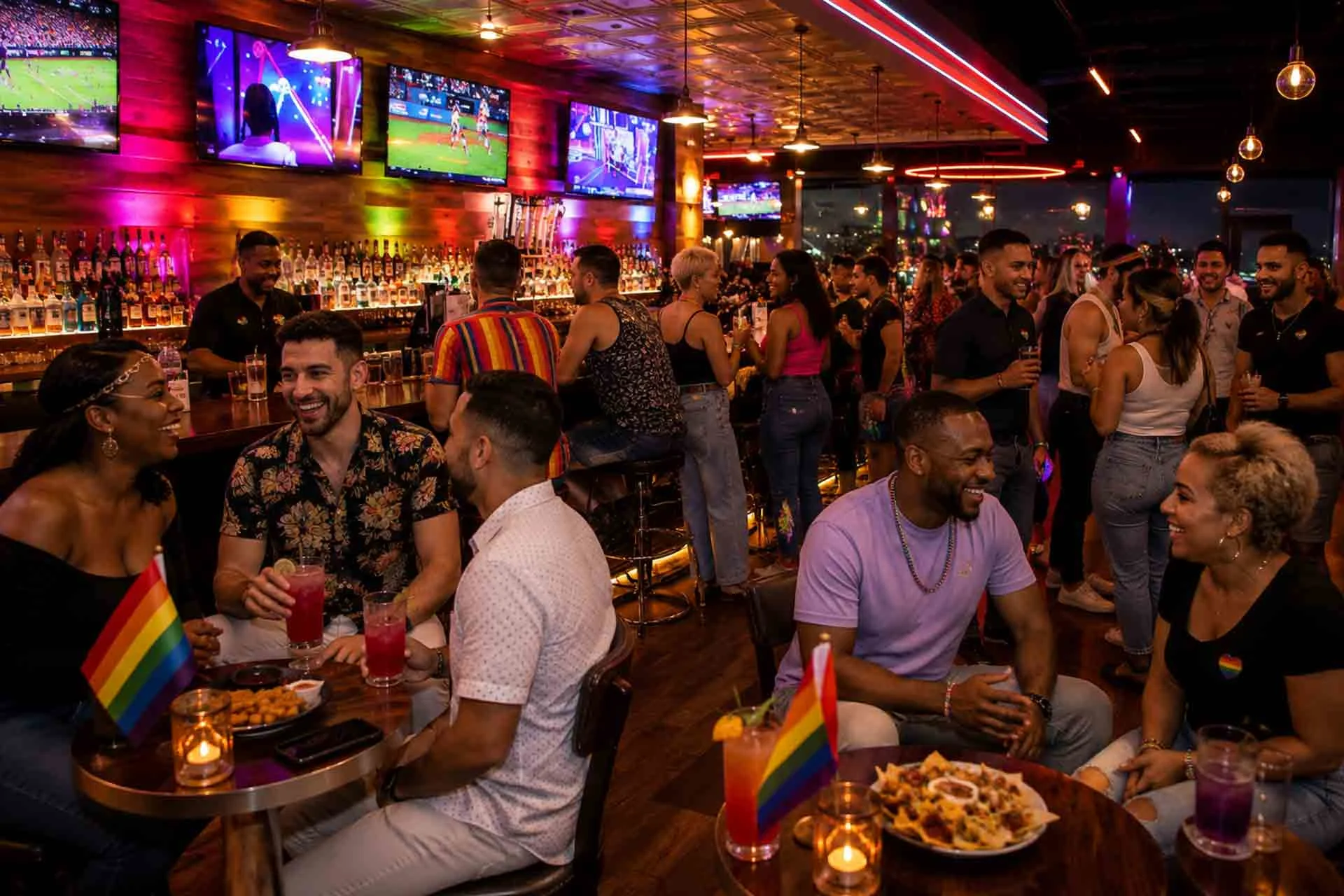 Friends celebrating DC Pride Month at Lucky Strike Arlington, enjoying cocktails, appetizers, and nightlife in a vibrant entertainment venue near Washington, DC with bowling, social gaming, and LGBTQ+ Pride festivities.