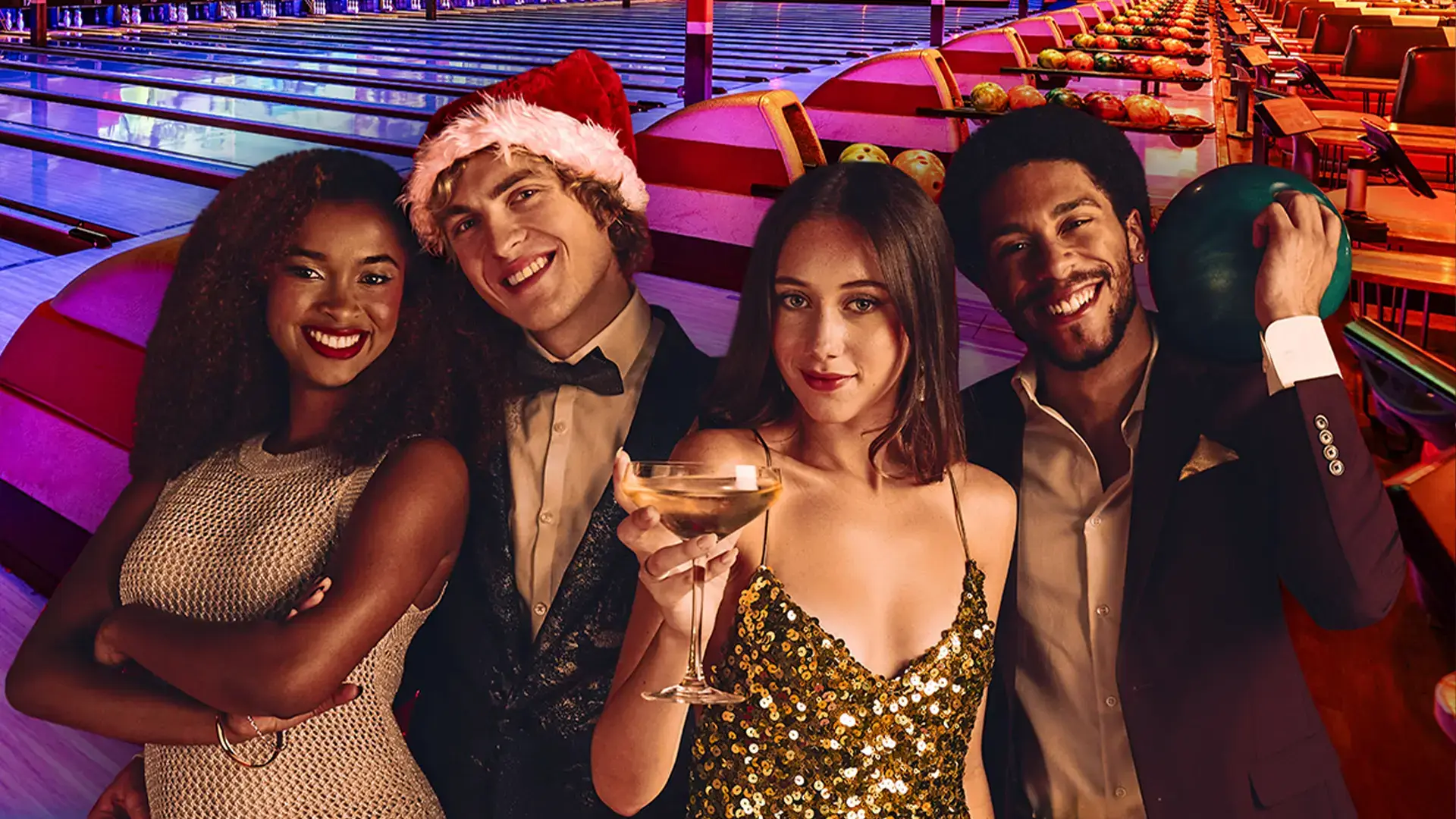 Group of four dressed for the holidays with bowling lanes in the background