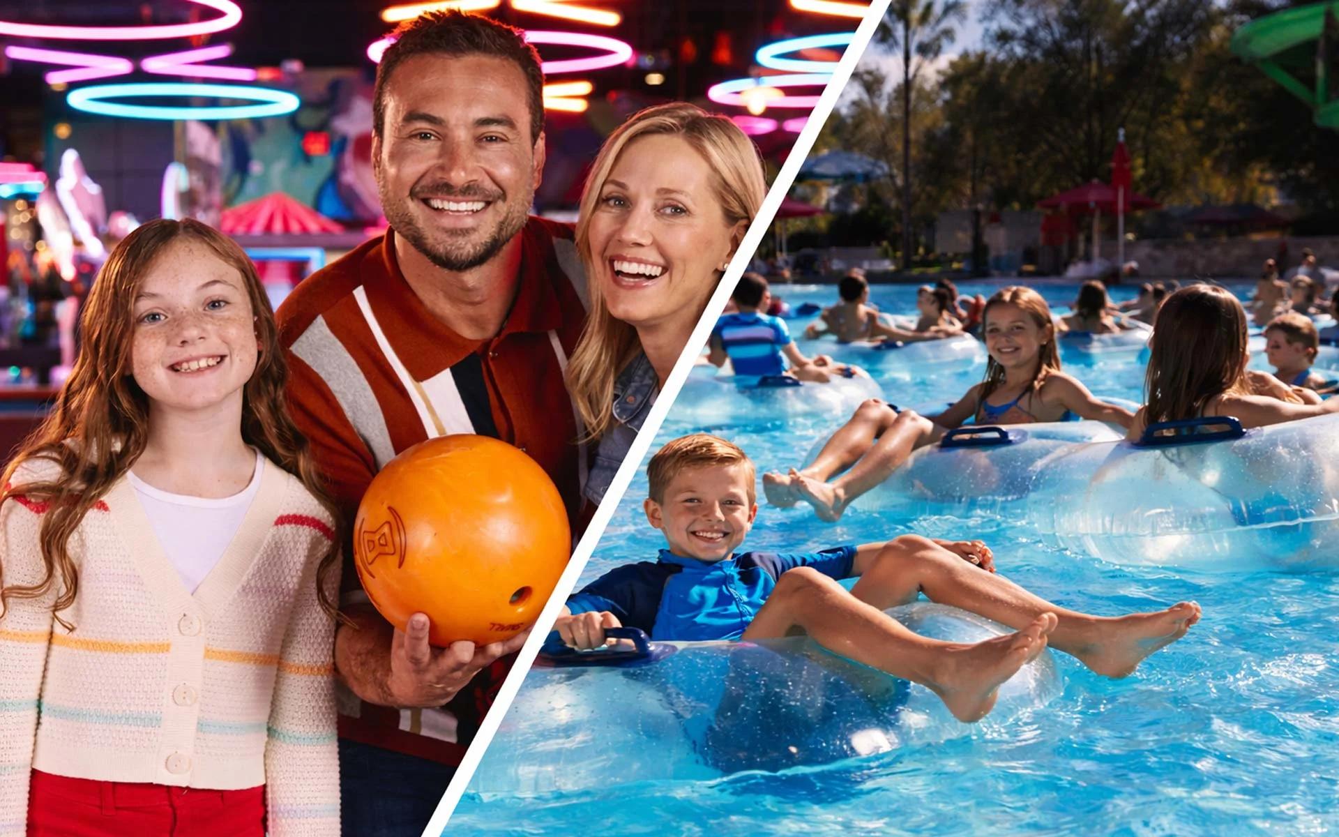 Family at a neon-lit Lucky Strike venue holding a bowling ball paired with kids floating on tubes in a sunny water park, divided by a white diagonal line.