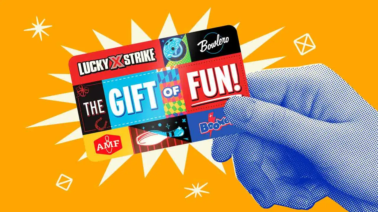 Lucky Strike, Bowlero, AMF, and Boomers gift card featuring colorful entertainment branding, making the perfect gift for bowling, arcade games, food, drinks, and family fun.