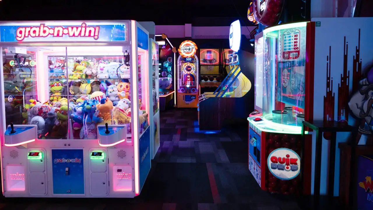 Large and colorful arcade games in a beautiful arcade room
