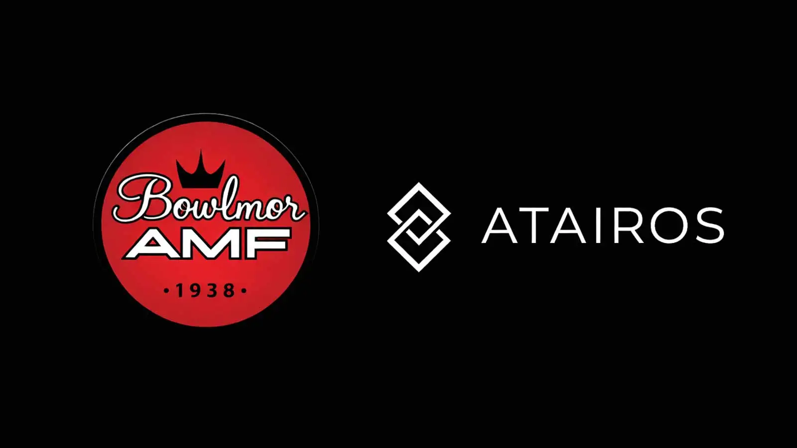 Bowlmor AMF logo on the left and ATAIROS logo in white on the right, displayed side by side on a black background.