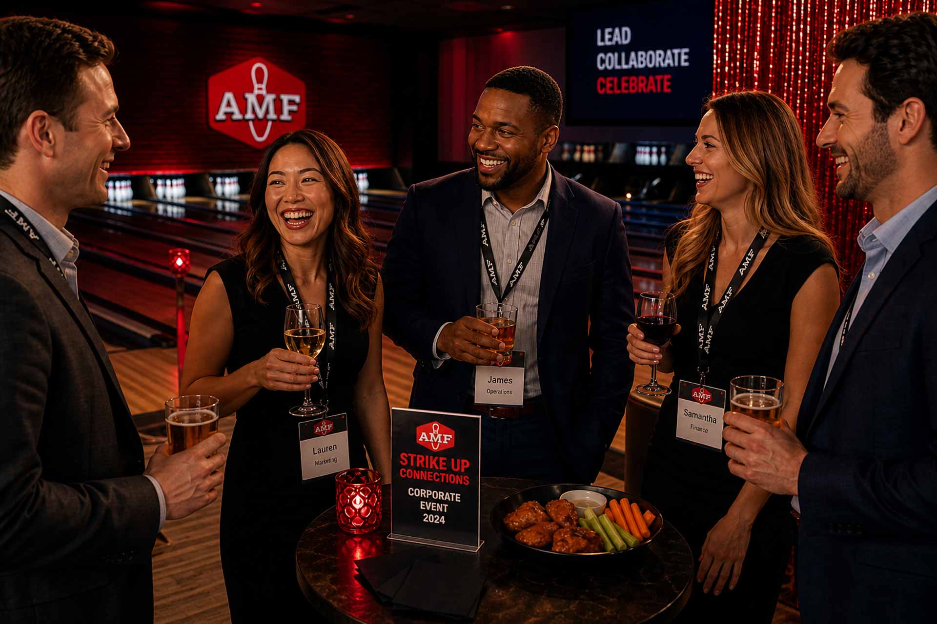 Corporate event at AMF bowling alley with professionals networking at high-top table, drinks and appetizers, bowling lanes in background, red lighting and branded logo wall, upscale social atmosphere