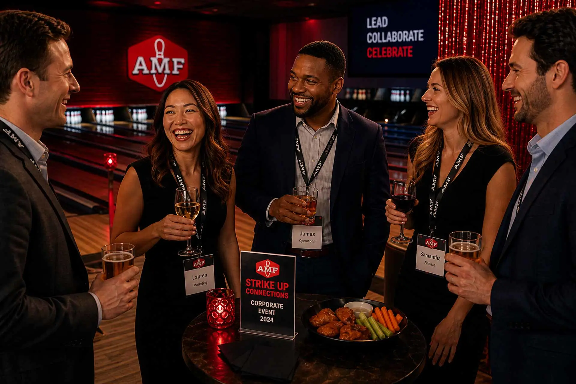 Corporate event at AMF bowling alley with professionals networking at high-top table, drinks and appetizers, bowling lanes in background, red lighting and branded logo wall, upscale social atmosphere