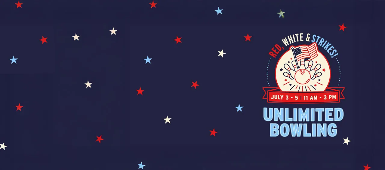 Unlimited Bowling promotional banner with patriotic red, white, and blue stars on a navy background, featuring a bowling-themed Independence Day logo and event details for July 3–5.