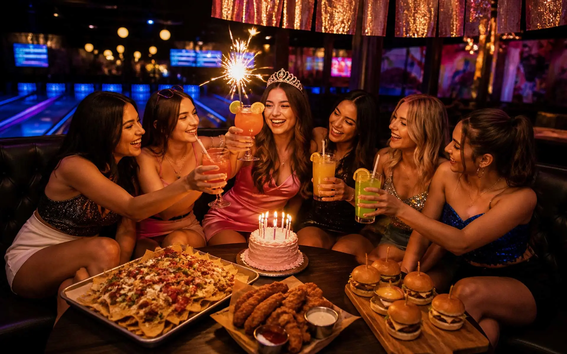Group of friends celebrating a birthday at a bowling lounge, raising colorful drinks around a cake with sparklers and shareable food on the table