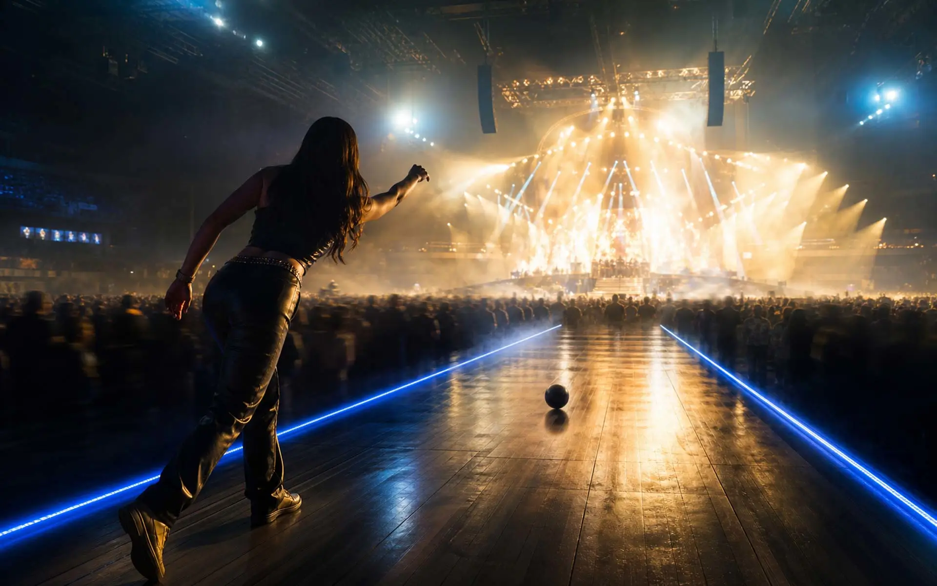 Young woman bowling at end of lane that transforms into a concert venue floor, blue LED lights leading to a packed crowd and glowing stage with dramatic white and gold lighting.