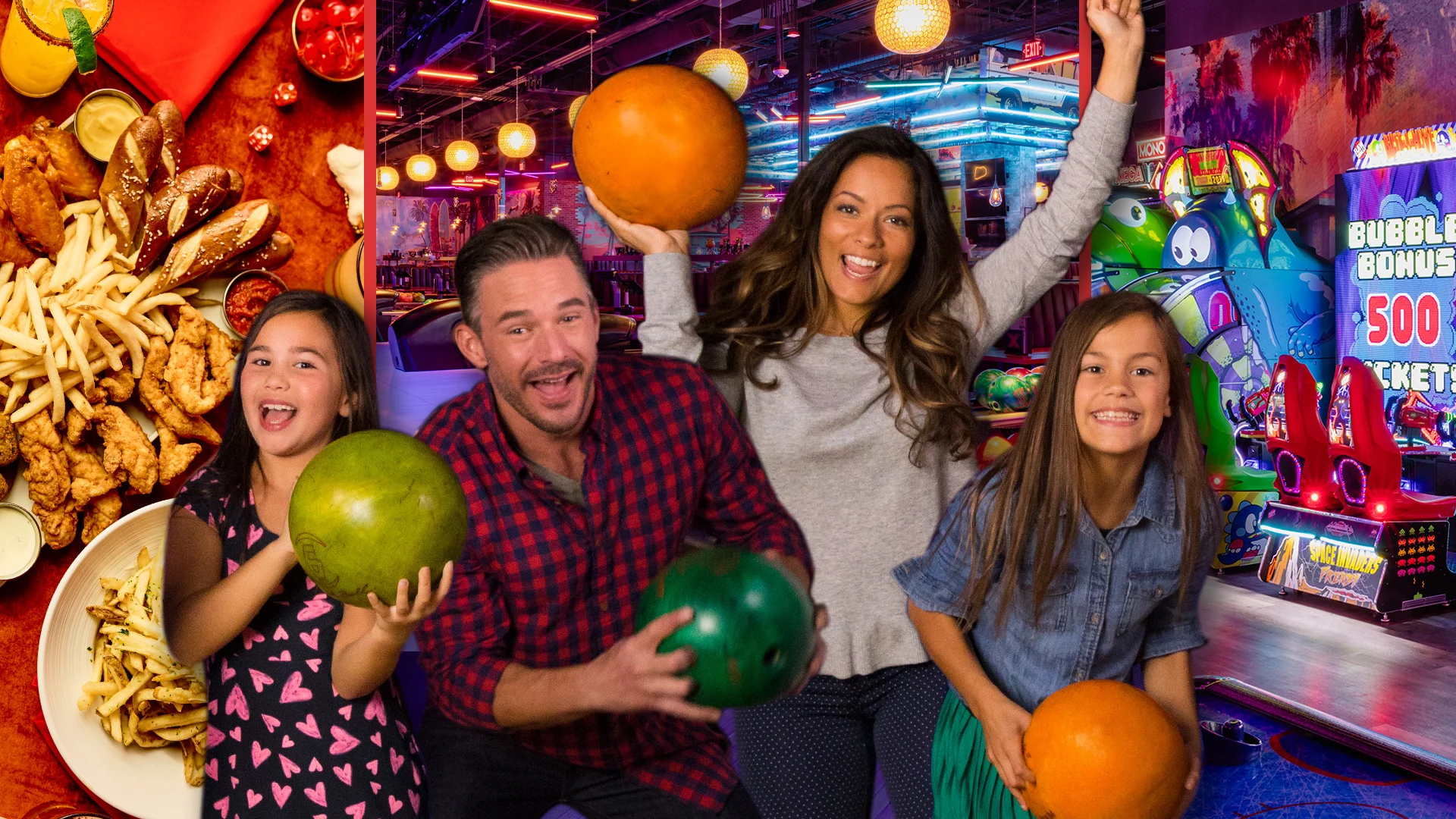 Family of four smiling and holding bowling balls at a Lucky Strike bowling center with arcade games and food in the background.