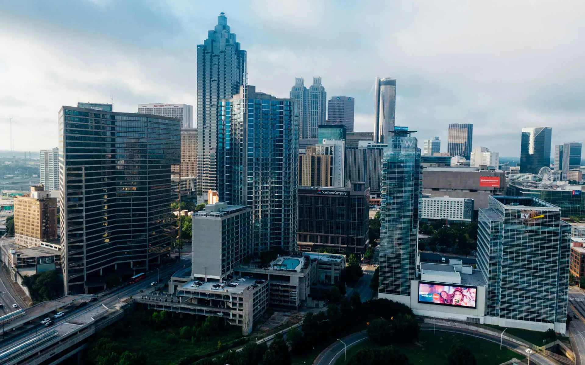 Atlanta skyline during daylight with modern high-rise buildings and downtown cityscape views.
