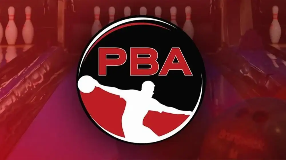 Professional Bowlers Association logo showing a bowler silhouette in motion against a red and black bowling lane background.