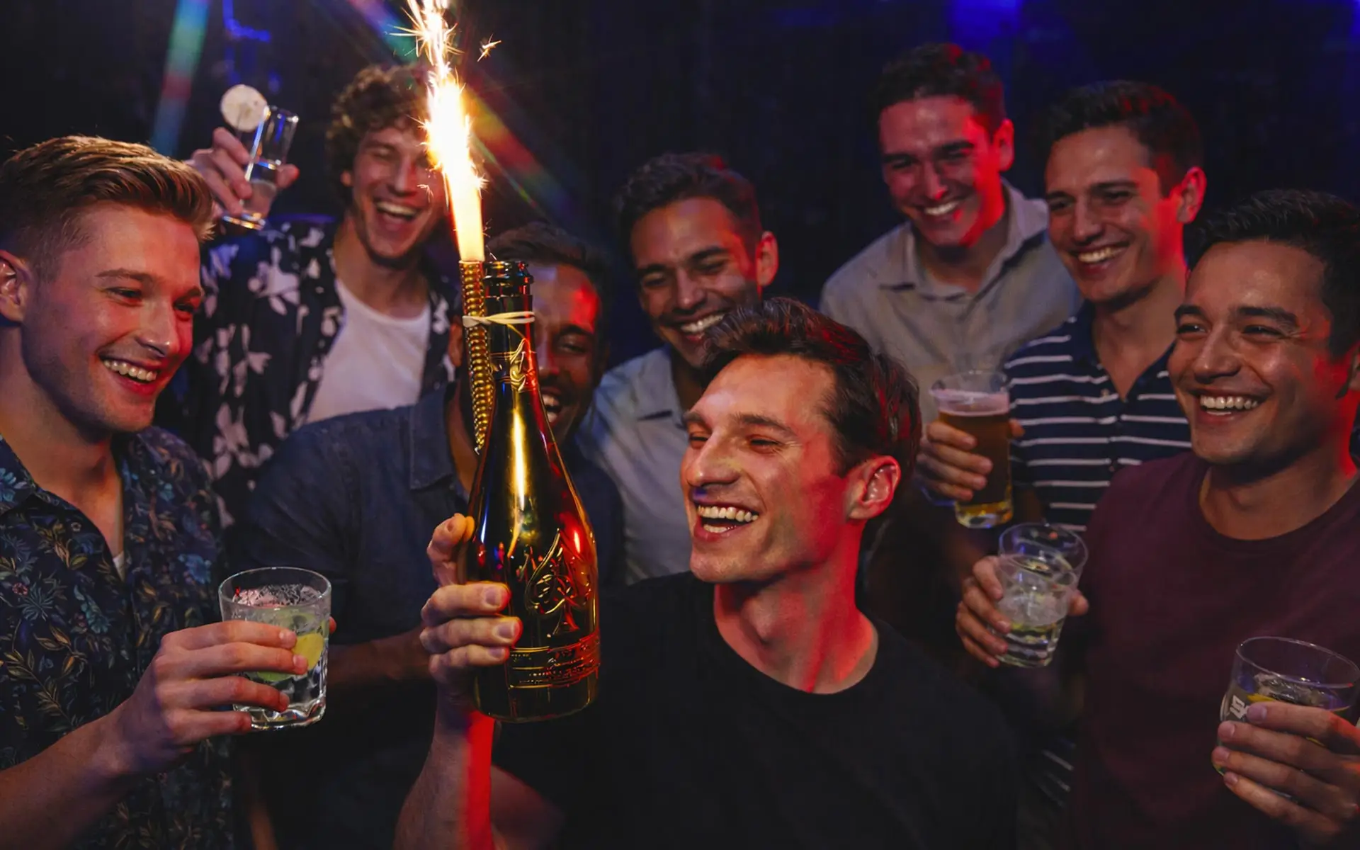 Group of young men celebrating a bachelor party in a nightclub, smiling and holding drinks as one man holds a champagne bottle with a sparkler, surrounded by colorful lighting and a lively atmosphere.