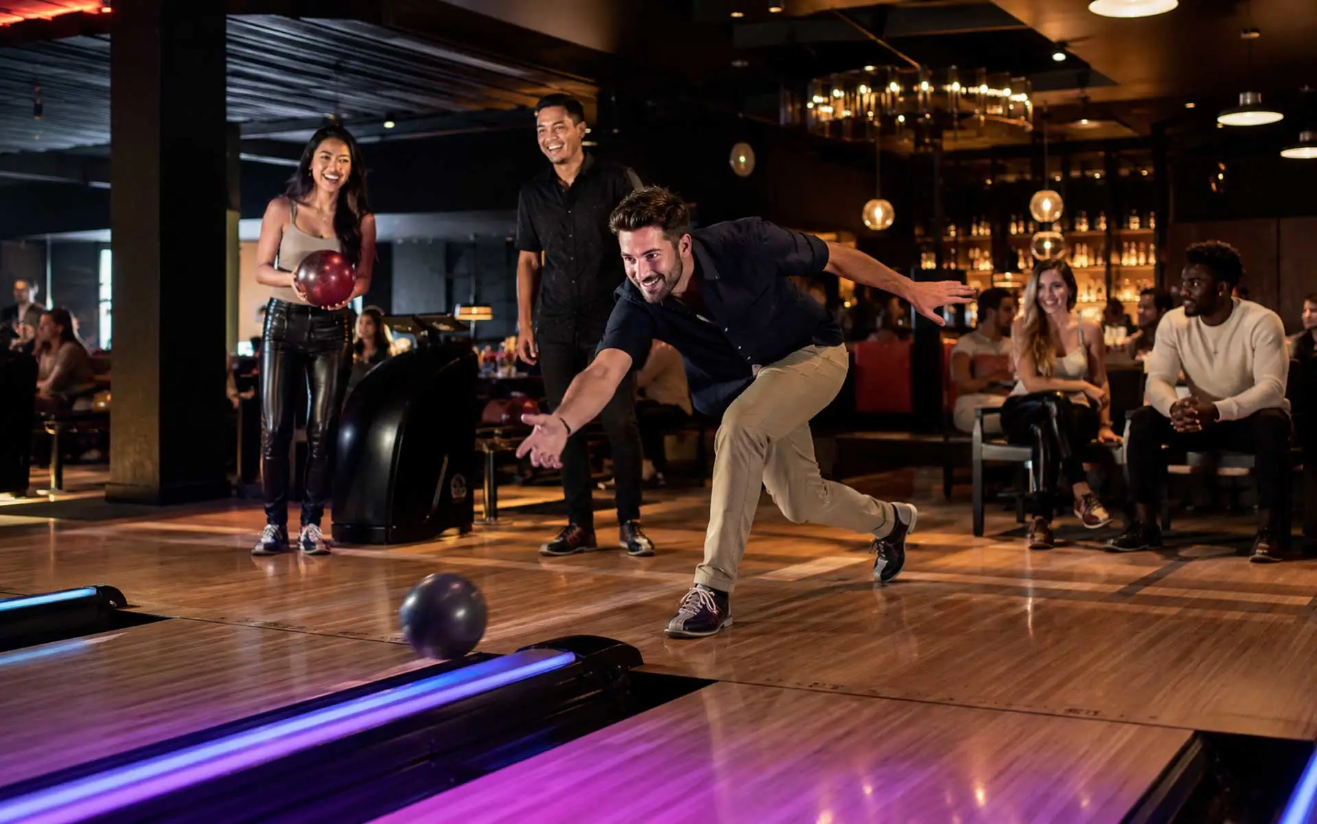 Young adults enjoy a Friday night bowling outing at an upscale neon-lit bowling center, with one man mid-throw while friends laugh and watch from the lounge seating area.
