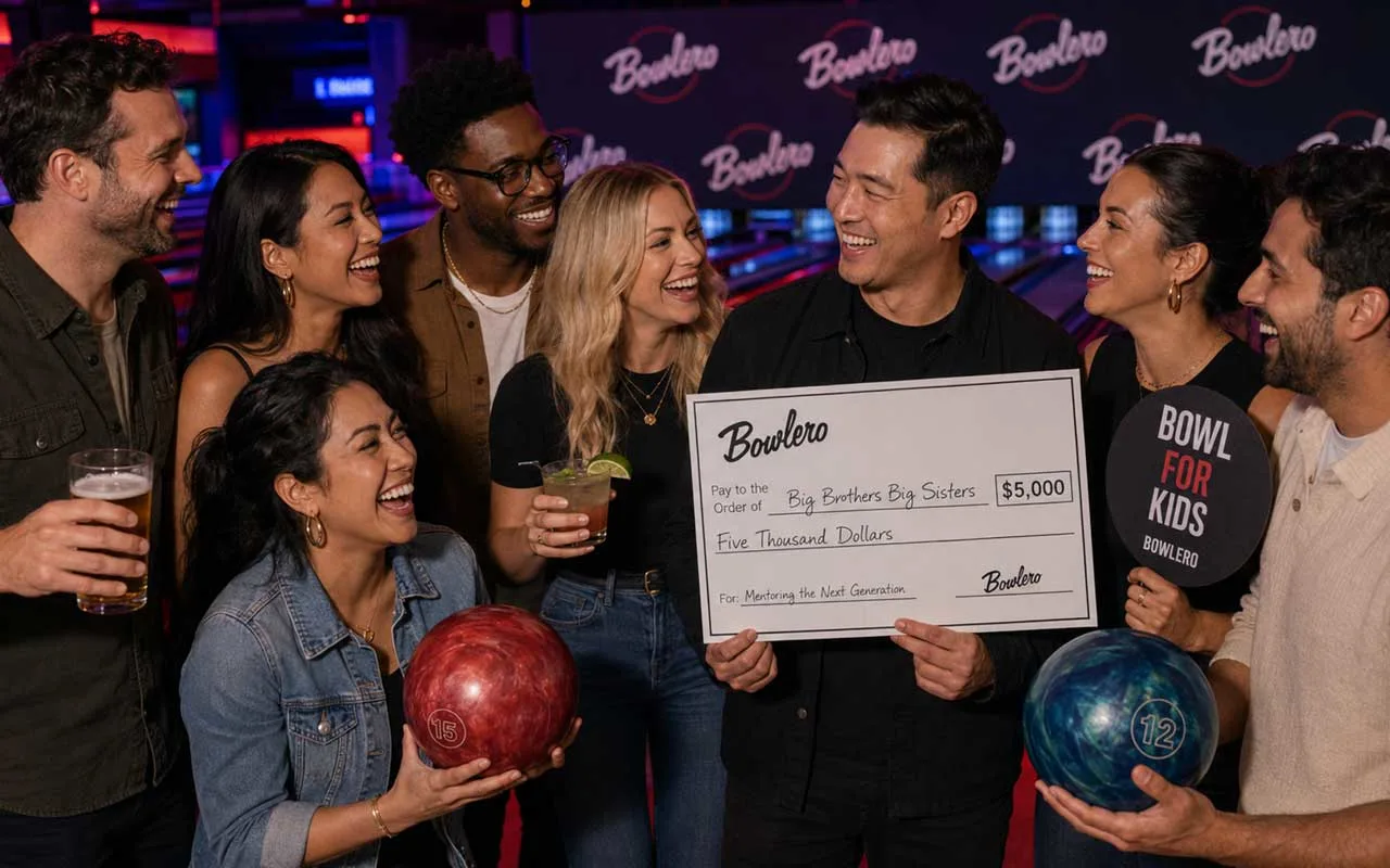Diverse group of adults laughing at a Bowlero charity bowling event, holding bowling balls, drinks, a donation check, and a “Bowl for Kids” paddle.