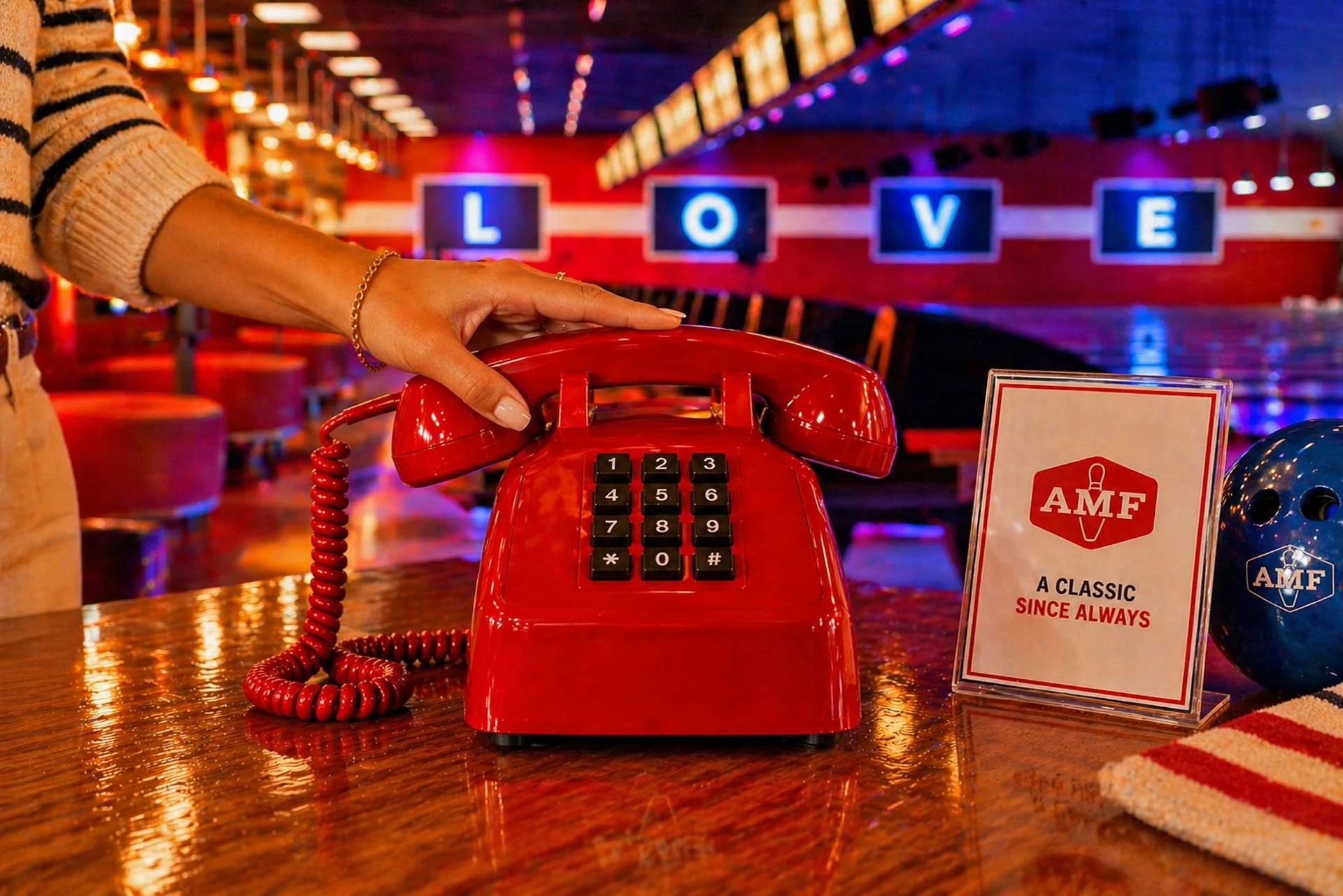 AMF bowling alley scene with retro red push-button telephone on glossy lane table, warm amber lighting, and “A Classic Since Always” sign in a classic neighborhood bowling center.