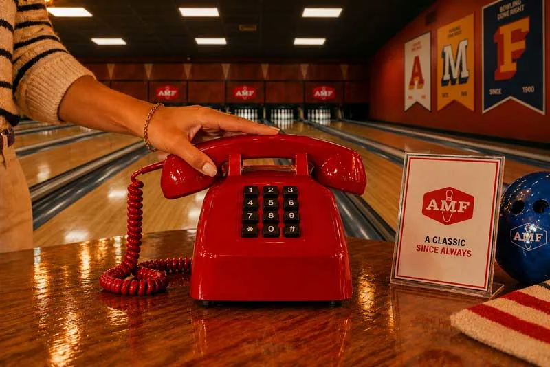 AMF bowling alley scene with retro red push-button telephone on glossy lane table, warm amber lighting, and “A Classic Since Always” sign in a classic neighborhood bowling center.