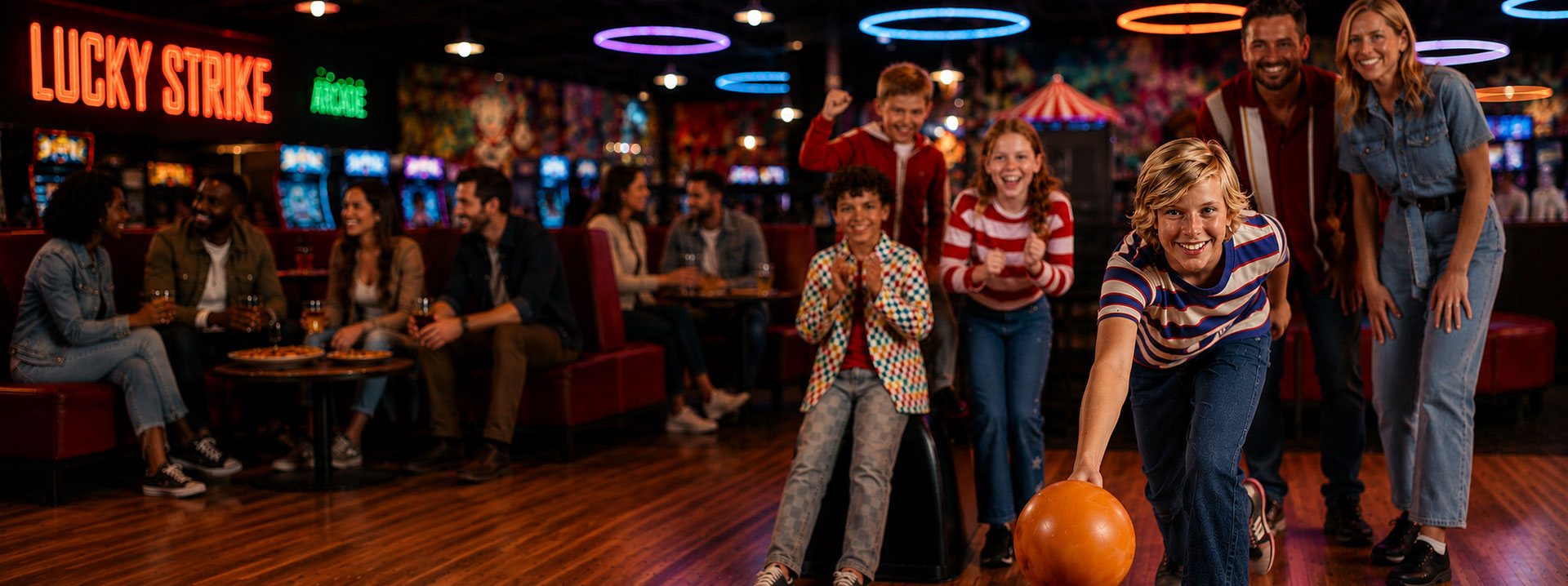 Family bowling together at a lively entertainment venue with neon lighting, arcade games, and guests enjoying food and drinks.
