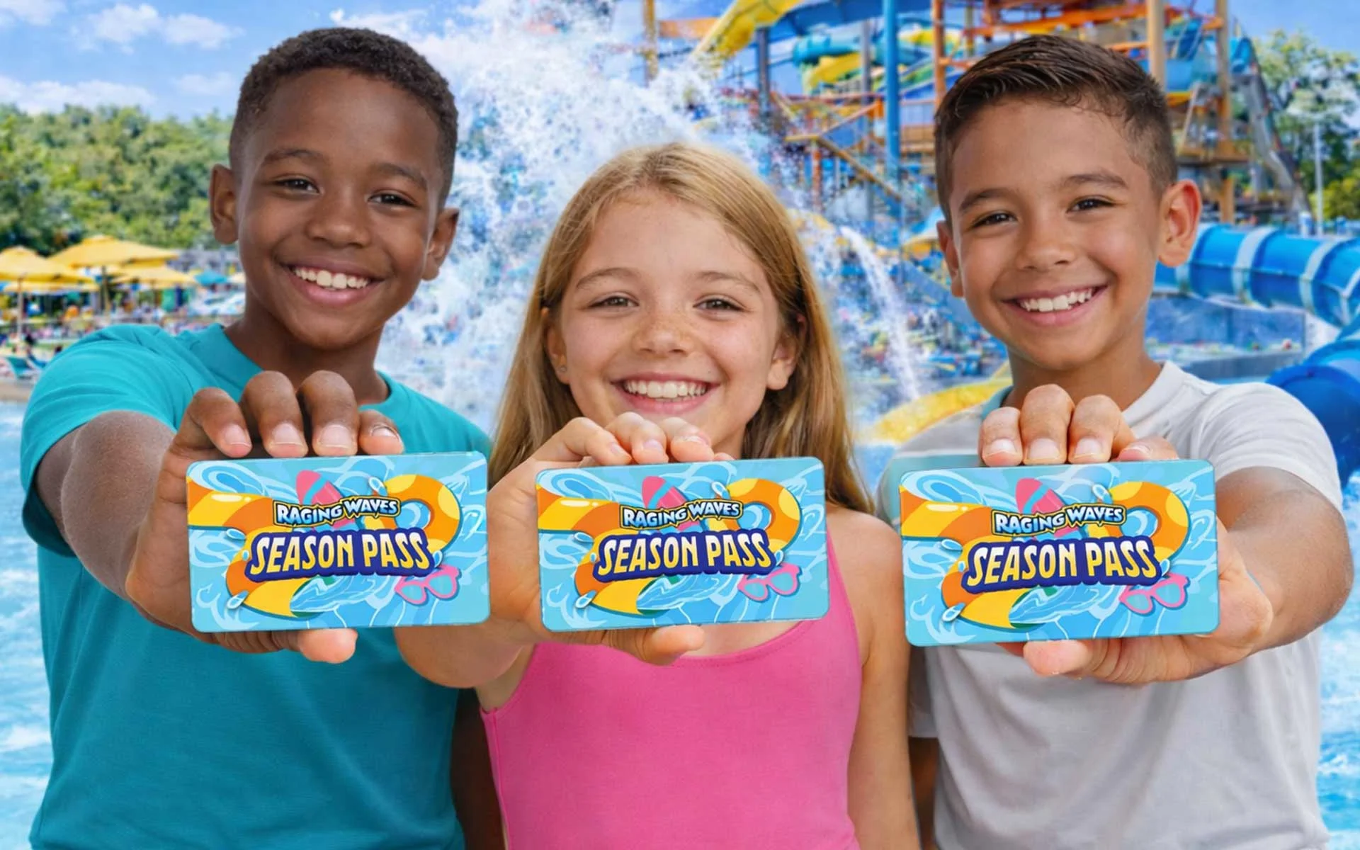 Three smiling kids stand in front of a sunny waterpark splash structure and hold up bright blue Raging Waves season pass cards toward the camera.