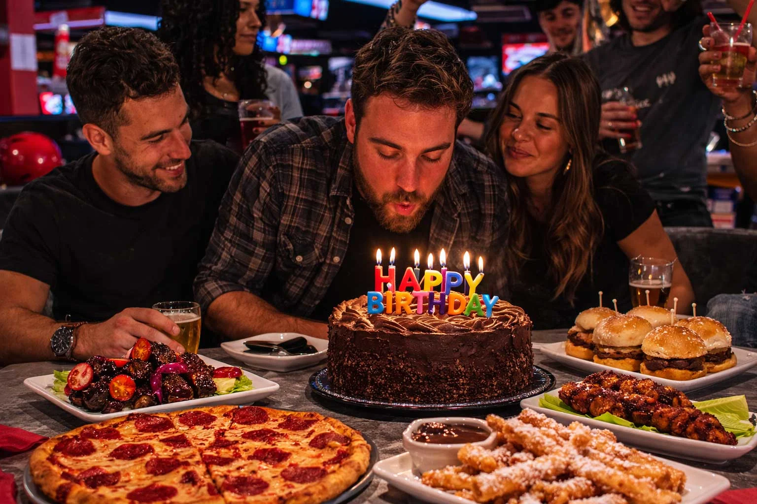Friends celebrating a birthday at an AMF bowling center as a man blows out candles on a sprinkle-covered cake while pizza, sliders, wings, and funnel cake fries sit on the table in front of them.