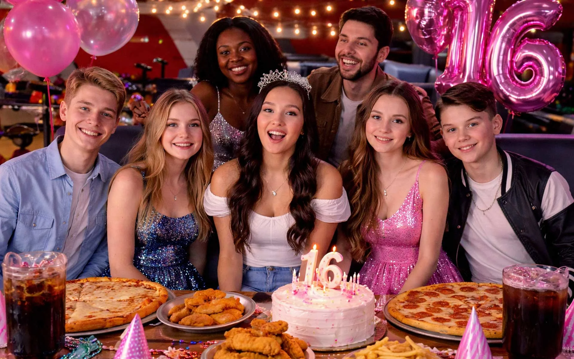 Teen girl celebrating her Sweet 16 at a bowling alley with friends, birthday cake with “16” candles, pizzas, fries, balloons, and festive decorations on the table.