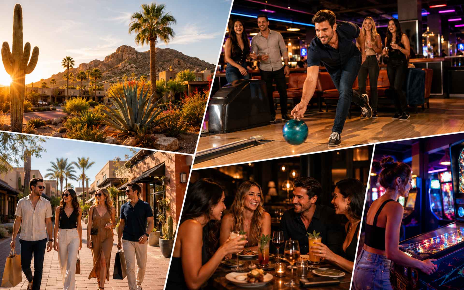 Scottsdale weekend collage with desert views, bowling, shopping, arcade games, cocktails, and friends dining.