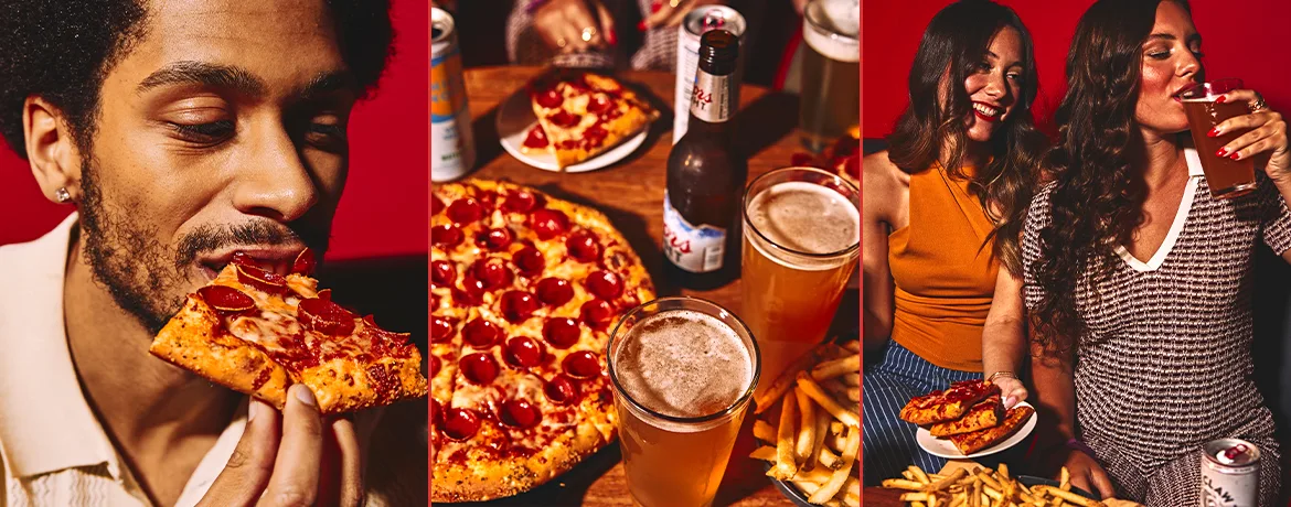 People eating pizza and drinking beer.
