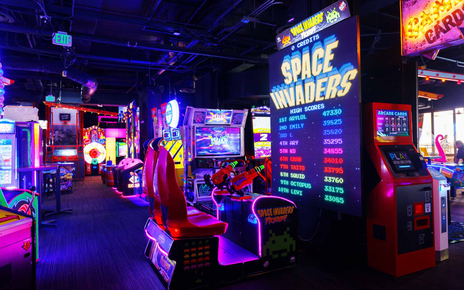 Vibrant arcade packed with modern and classic games, neon lighting, and immersive visuals. Designed for all ages, with a strong, high-energy atmosphere that complements the bowling experience.