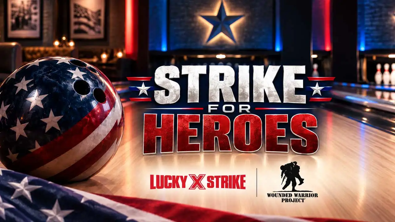 Strike for Heroes event graphic featuring a patriotic stars-and-stripes bowling ball on a lane with an American flag, alongside Lucky Strike and Wounded Warrior Project logos.