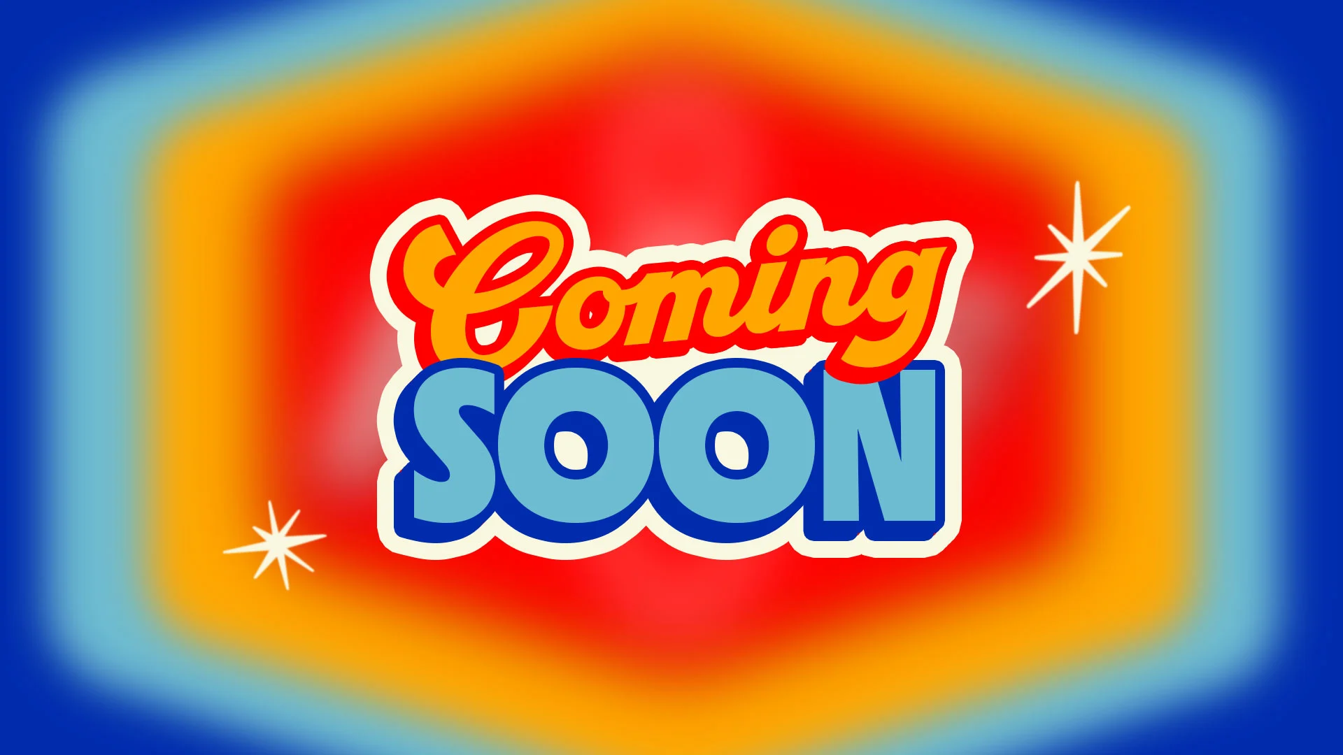 Coming Soon graphic with bold retro-style lettering on a colorful glowing background, announcing upcoming attractions, events, or experiences at AMF.