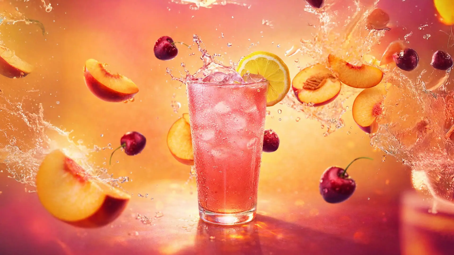 Peach cherry lemonade with ice and a lemon slice in a tall glass, surrounded by splashing peaches and cherries on a bright yellow background.