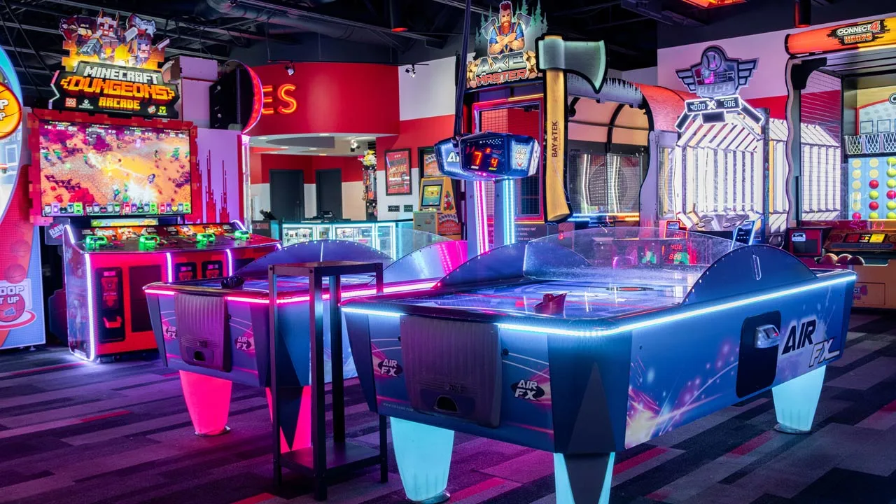 Large and colorful arcade games in a beautiful arcade room