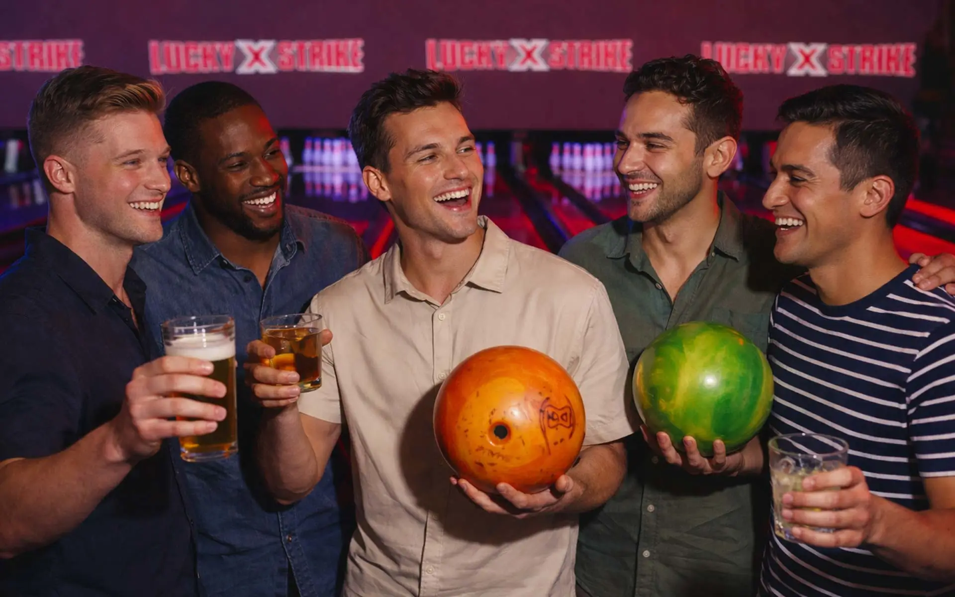 Group of young men celebrating a bachelor party at a bowling alley, smiling and holding drinks while two hold bowling balls, with neon-lit lanes and “Lucky Strike” signage in the background.
