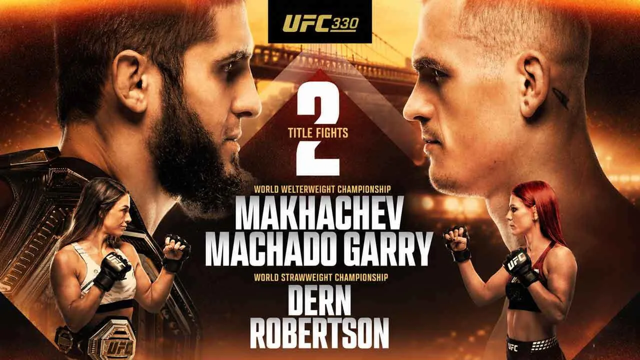 UFC 330 promotion showing Makhachev, Machado Garry, Dern, and Robertson