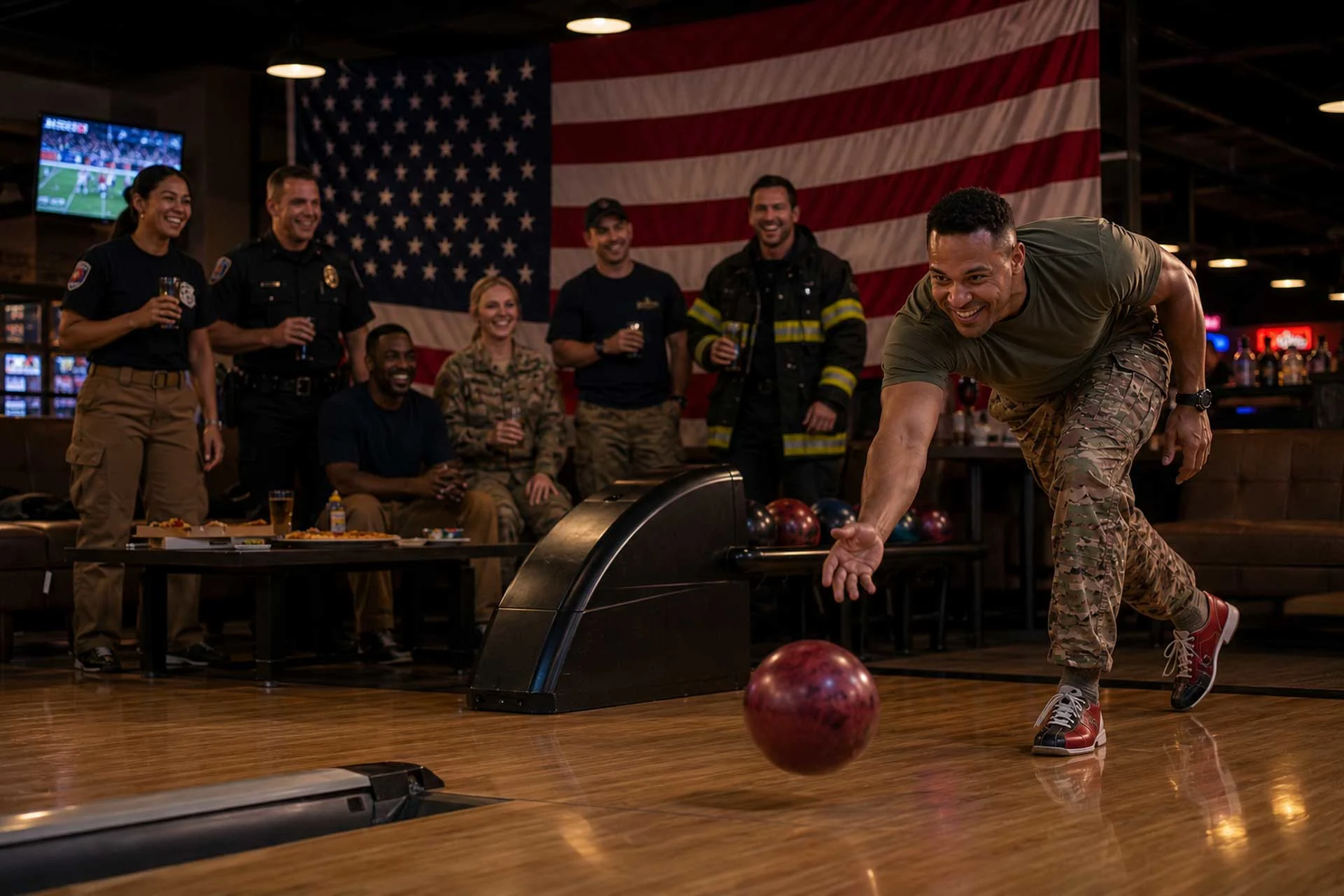 Member of the military rolls a bowling ball down a lane with other first responders in the background.