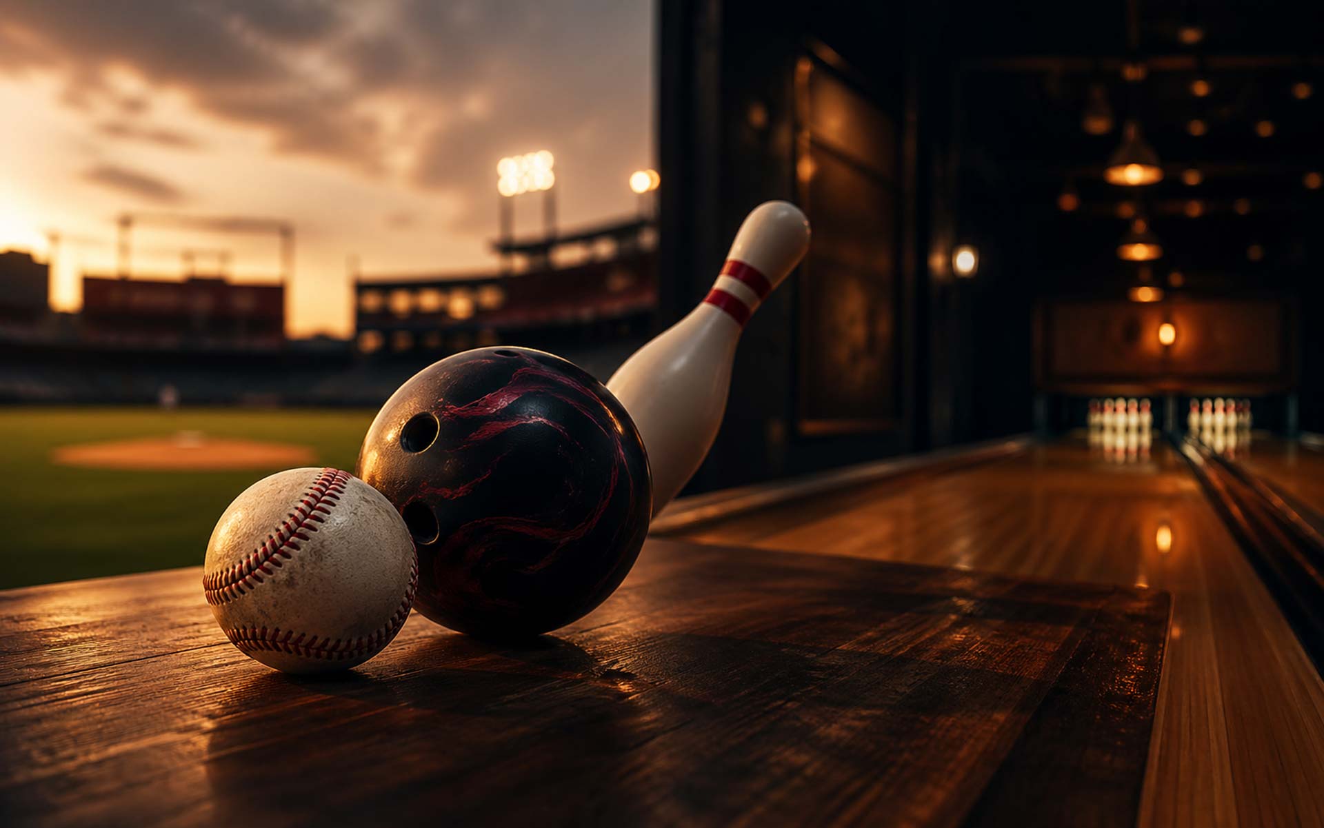 Cinematic still-life blending baseball and bowling—baseball, black marbled bowling ball, and tilted pin on walnut wood with stadium sunset and warm-lit lanes in background.