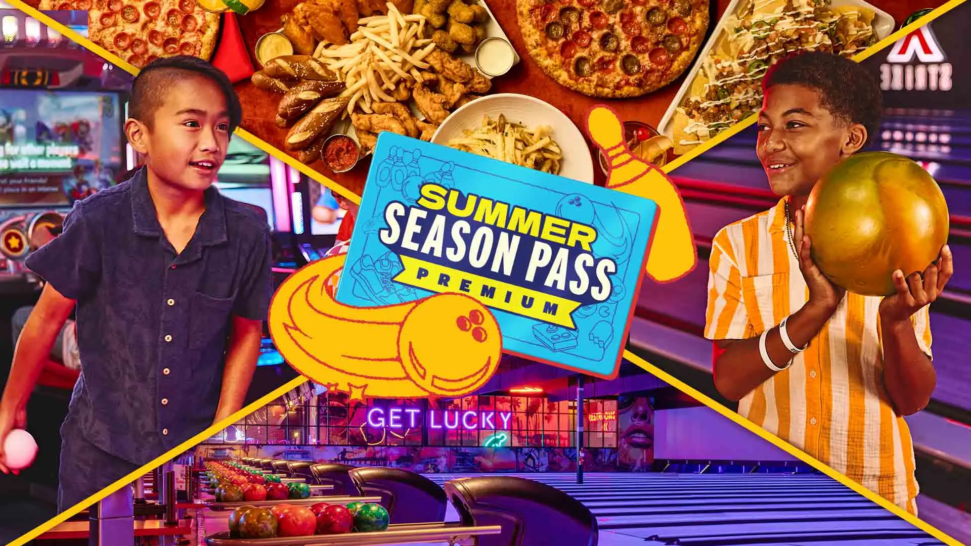 Summer Season Pass promotional collage showing bowling lanes, pizza and fries, and friends enjoying bowling at a neon-lit Lucky Strike bowling center.
