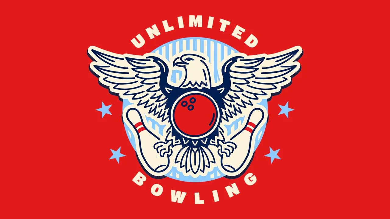 Patriotic Unlimited Bowling promotional graphic featuring a stylized eagle with outstretched wings holding a red bowling ball, crossed bowling pins, stars, and red, white, and blue colors on a bold red background.