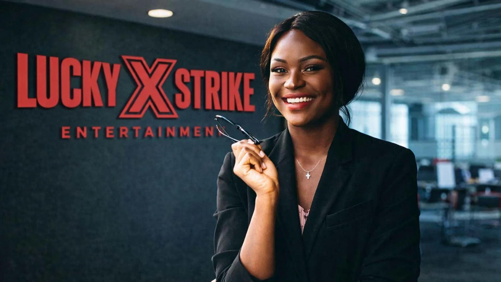 Woman holding glasses with an office in the background.