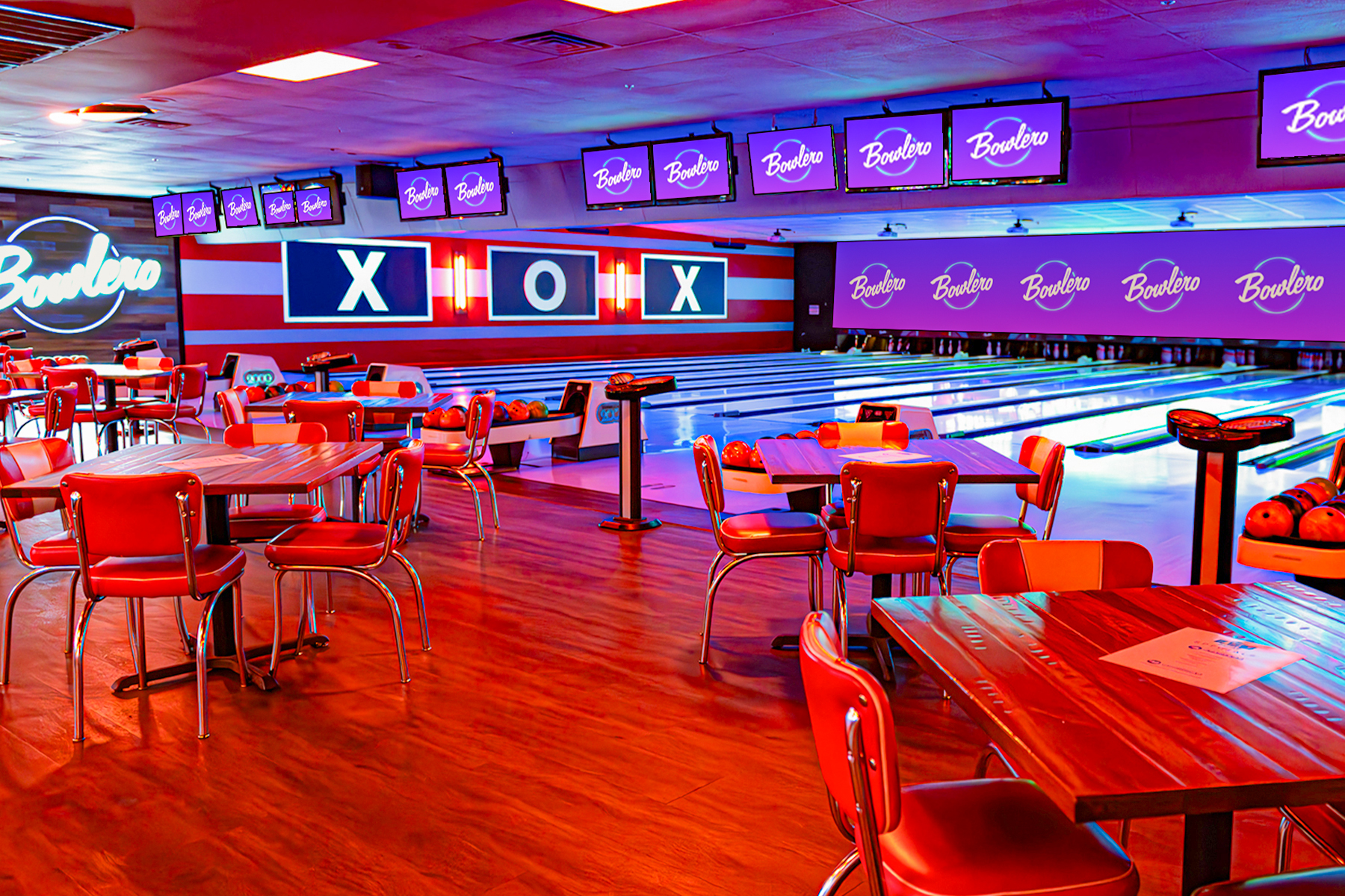 Large eating area with bowing lanes in the background